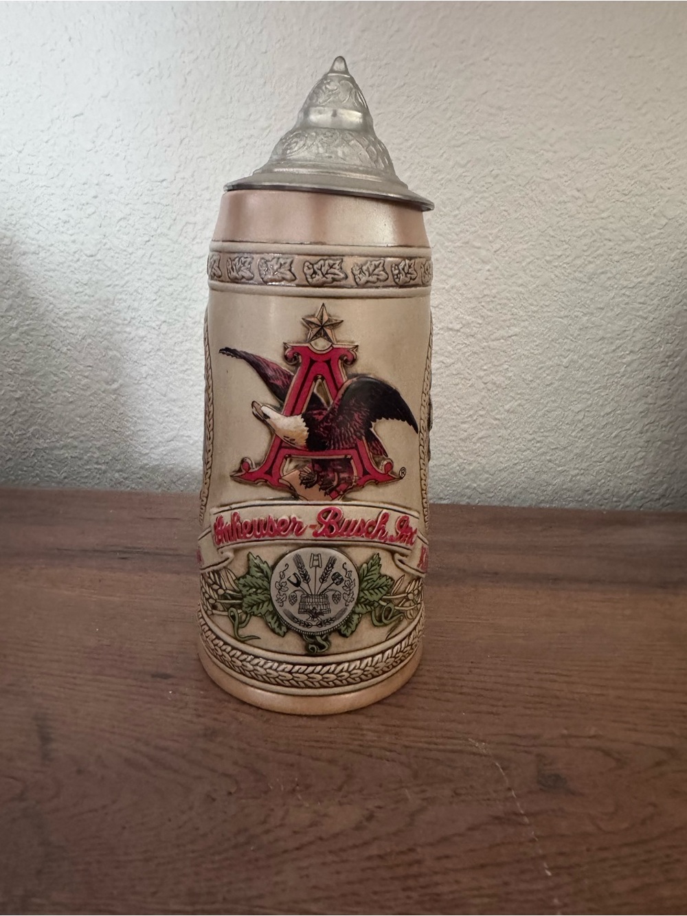 Anheuser-Busch Ceramic Beer Stein with Eagle Crest - Beige & Red